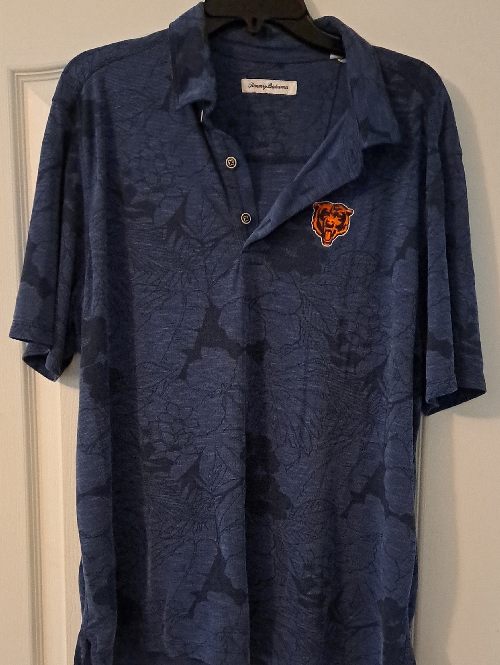 Tommy Bahama Navy Blue Floral Polo with Chicago Bears Crest